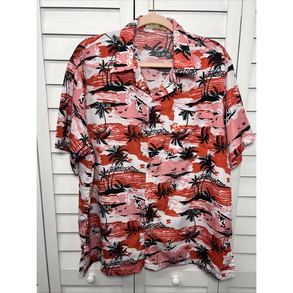 Hanton Short Sleeve Hawaiian Button Down Shirt Men's Size Large